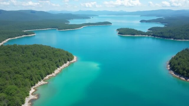 Capturing an aerial view over a serene turquoise lake surrounded