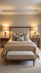 Elegant Queen Size Bed with Luxurious Bed Runner and Soft Reading Lamp in a Peaceful Villa Setting
