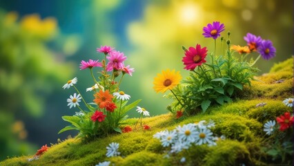 Obraz premium Wildflowers on mossy rocks