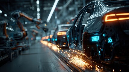Technician Activating Futuristic Automotive Factory. Robotic Arms Constructing Vehicle Frames with Advanced Digital Twin Technology and Smart Production System.