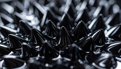Close up ferrofluid spikes under magnetic field glossy black dramatic wallpaper background representing science texture detail suitable for abstract design