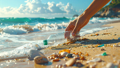 A close-up shot of a hand picking up a plastic bottle from a beautiful, sunlit beach. The image highlights the important act of environmental clean-up and a commitment to keeping our oceans and shores