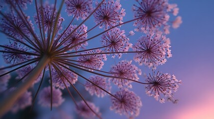 Umbrella Inflorescence Against the Evening Sky: A Delicate Violet Macro View from Below