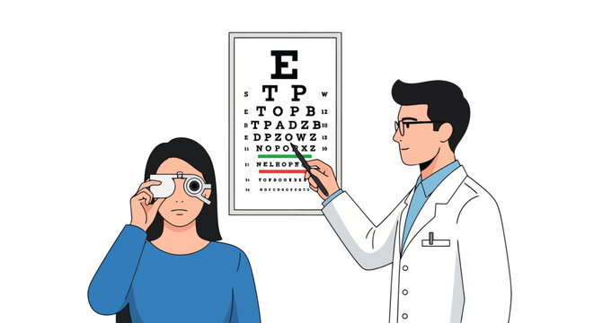 Illustration of an Eye Exam with Snellen Chart and Doctor for Vision Correction and Healthcare Awareness Campaigns for Optometry Clinics