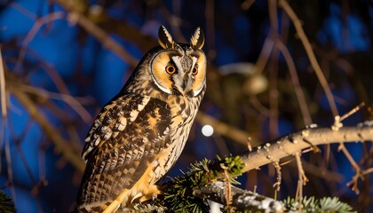 A nocturnal bird, perched on a branch, stares intently with luminous eyes. 