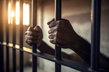 Close up of a prisoner holding bars in jail with sunlight shining through window