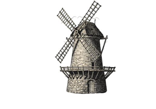 Isolated Illustration Of A Detailed Wooden Windmill On Black Background