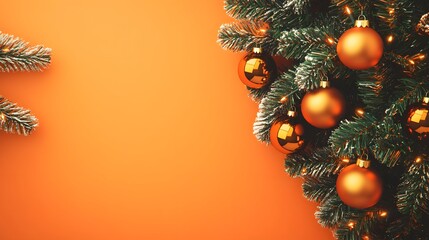 Festive Orange Christmas Background with Tree Branches and Ornaments