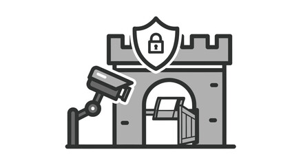 Security Fortress with Shield, Camera, and Gate Icon.