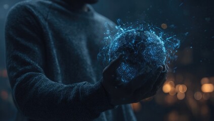 A person holds a glowing, digital globe