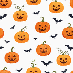 Smiling pumpkins and bats repeating on white create a festive Halloween pattern, perfect for spooky season decorations and celebrations.