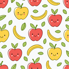 Cute apples and bananas with smiling faces form a seamless pattern on white, creating a cheerful and playful food themed repeat design.