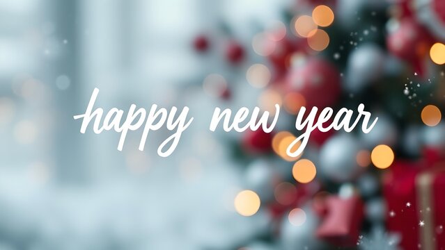  white cursive happy new year text overlay on blurred festive christmas tree ornaments and warm bokeh lights background ideal for holiday greetings, event promotion, and seasonal celebration industrie - Powered by Adobe