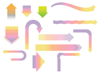 Print gradient arrows, halftone effect, colorful pointers, vector set, direction signs, wavy arrows, dotted patterns, abstract shapes, navigation icons, modern design, smooth transition, and digital a
