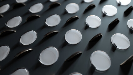Minimalist Arrangement of Round Transparent Objects with Dark Accents on Gray Surface