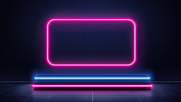 Neon pink and blue rectangular frame on a dark stage