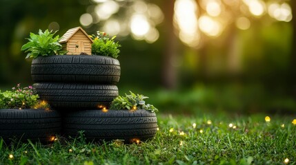 A charming display of stacked tires repurposed as planters, adorned with vibrant plants and a small wooden house, set against a softly illuminated background.