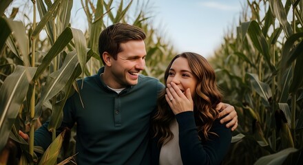 Fototapeta premium Joyful couple laughing and sharing a happy moment while walking through a lush green cornfield during golden hour, creating a warm and romantic atmosphere.