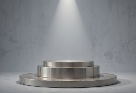Three tiered metallic display stand.  Perfect for showcasing products in minimalist ads, social media, or branding campaigns. Clean background, copy space.