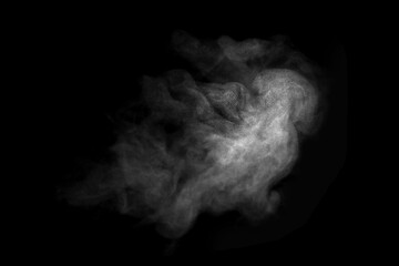 White smoke cloud texture isolated on black background, abstract foggy steam effect for design, overlay, or creative element in digital artwork, spooky atmosphere, or dramatic concept.