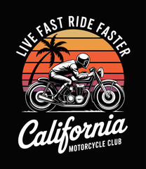 This artistic representation showcases a classic motorcycle rider against a vibrant sunset backdrop that embodies California's free-spirited motorcycle culture and lifestyle.
