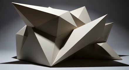 An abstract geometric sculpture with sharp angles and facets, crafted from light-colored material, casting shadows on a grey background.