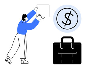 Person holding puzzle piece, dollar sign in circle, and briefcase symbolizing problem-solving, financial success, planning, workforce, investments, teamwork and leadership. Simple flat metaphor