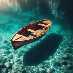 The Silent Journey of a Wooden Boat Floating on Crystal Waters Under the Warm Embrace of the Sun Where Time Pauses and the Soul Finds Peace A Gentle Vessel Rests Upon the Clear Blue Depths Whispering 