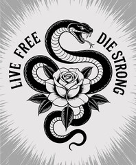 This intricate tattoo design showcases a snake wrapping around a rose, accompanied by bold text that conveys strength, freedom, and individuality.