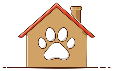 Cartoon illustration of a dog house with a paw print symbol on its facade
