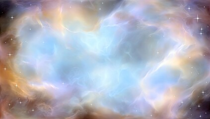 Colorful nebula with light-blue center and soft, swirling hues of pale orange, beige, and brown.  Stars scattered throughout