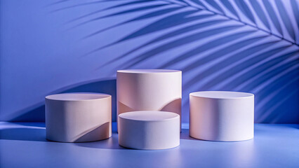 Minimalist product display featuring four round cylinder podiums with palm leaf shadows, ideal for showcasing products in a modern and stylish manner