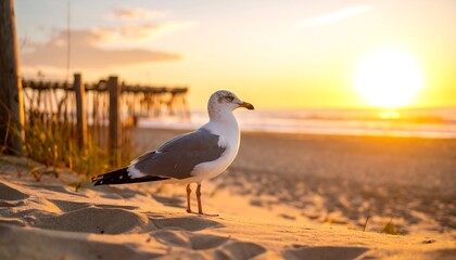Sunrise view of a seagull on a beach