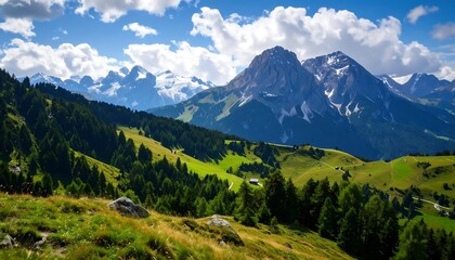 A vibrant landscape featuring lush green meadows, dense forests, and majestic snow-capped peaks under a bright blue sky dotted with fluffy white clouds