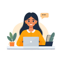 Illustration of a Smiling Woman with Dark Hair Working at a Laptop on a White Desk in Front of a White Background with Potted Plants and Message Bubble