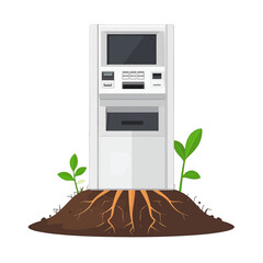Pixelated Atm Machine Sprouts From Soil With Green Plants In Bright White Background