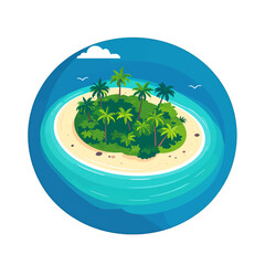 Pixel Art Round Island Scene with Turquoise Water Sandy Beach and Green Palm Trees in a Tropical Setting Depicted in Digital Style