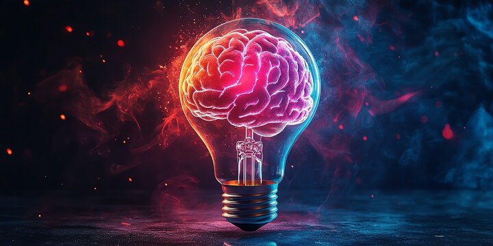 Exploding lightbulb in neon watercolor style, exposing a glowing human brain inside, vibrant energy bursts, isolated background, concept of brilliant ideas and innovation