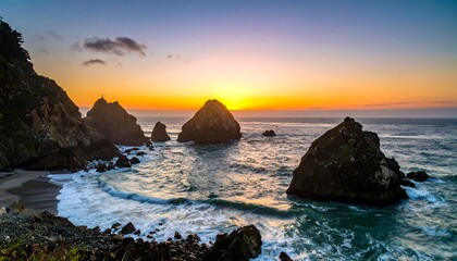 Dramatic sunset over a rocky coastline