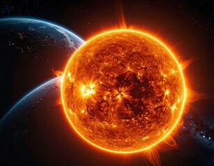 A fiery sun with a close-up view of the earth