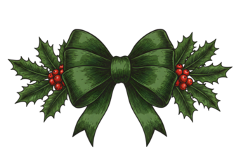 Isolated Illustration Of Green Bow And Holly With Red Berries