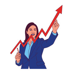 Smiling Businesswoman Presenting an Upward Pointing Red Arrow on a White Background in Corporate Attire Vector
