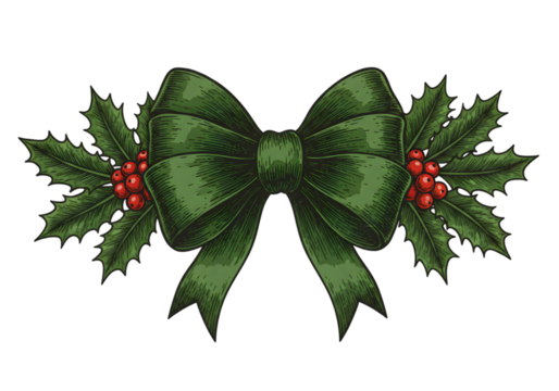 Isolated Illustration Of Green Bow And Holly With Red Berries