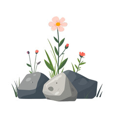 Pixel Art Illustration of Pink Flowers Growing Among Gray Rocks Against White Background