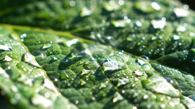 Close-up view of a lush leaf covered in glistening water droplets.