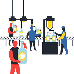 Assembly Line Workers Filling Clear Bottles with Yellow Liquid in a Bright Factory Setting Detailed Flat Vector Graphic