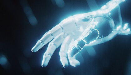 A close-up image shows a metallic robotic hand with glowing cyan accents against a dark background, its fingers extended.