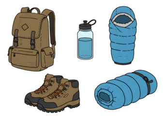 Isolated Illustration Of Hiking Equipment With Brown And Blue Elements