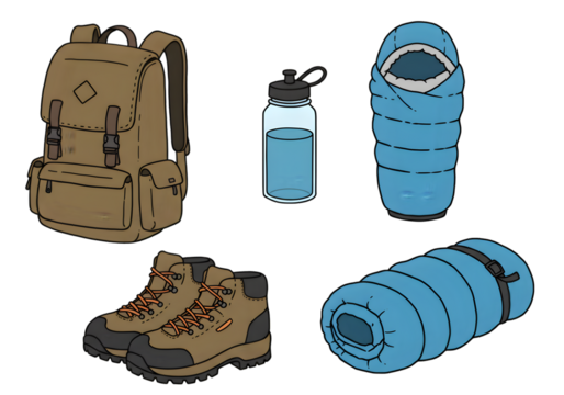 Isolated Illustration Of Hiking Equipment With Brown And Blue Elements