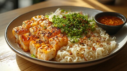 Delicious glazed fish cubes noodles and chives a bowl dipping sauce food asian